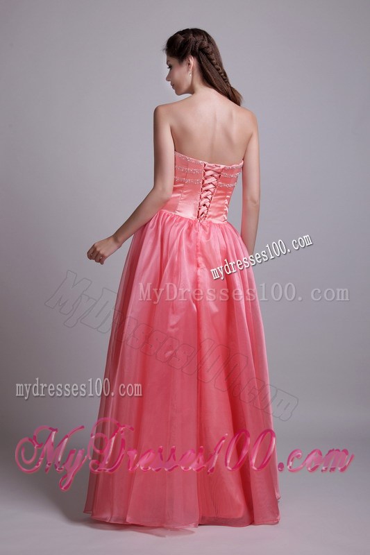 Beaded Strapless Long Organza Prom Dresses in Watermelon Pink