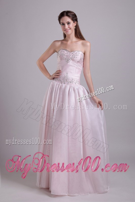 Baby Pink Empire Floor-length Prom Dresses with Beading and Pleats