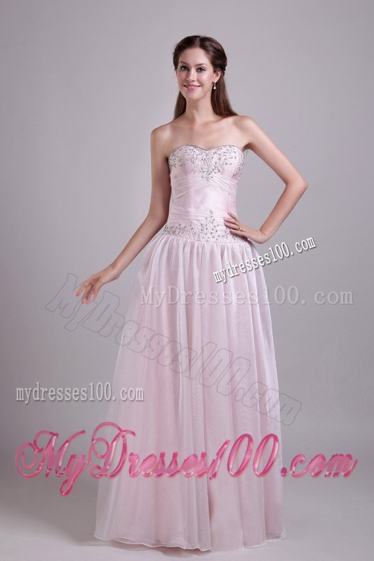 Baby Pink Empire Floor-length Prom Dresses with Beading and Pleats