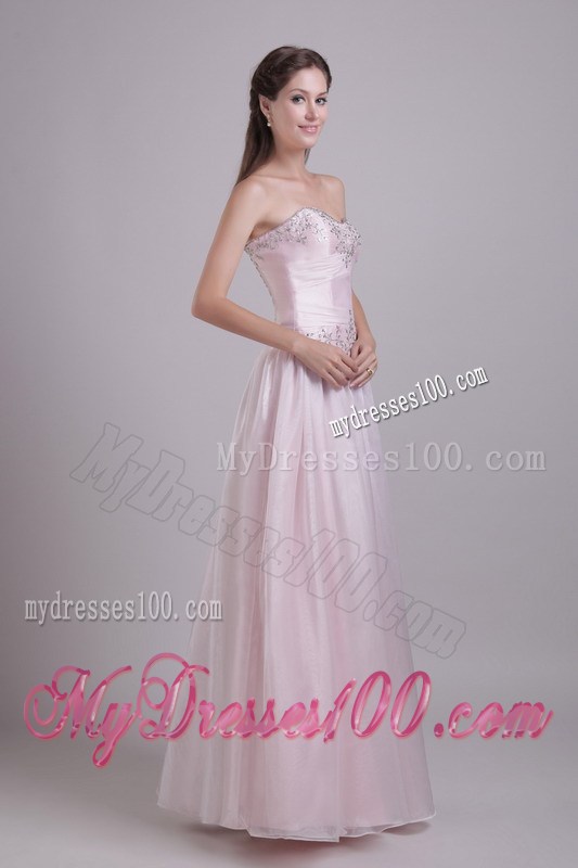 Baby Pink Empire Floor-length Prom Dresses with Beading and Pleats