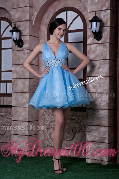 V-neck Beaded Criss-cross Back Prom Dress of Mini Blue Organza