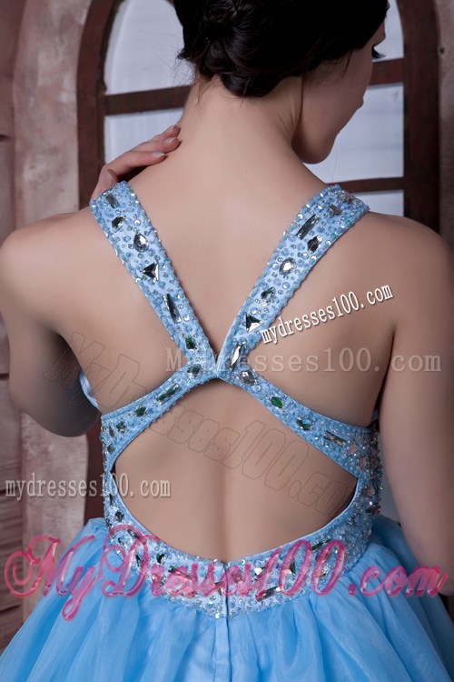 V-neck Beaded Criss-cross Back Prom Dress of Mini Blue Organza