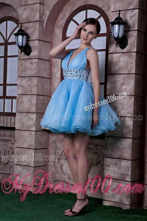 V-neck Beaded Criss-cross Back Prom Dress of Mini Blue Organza