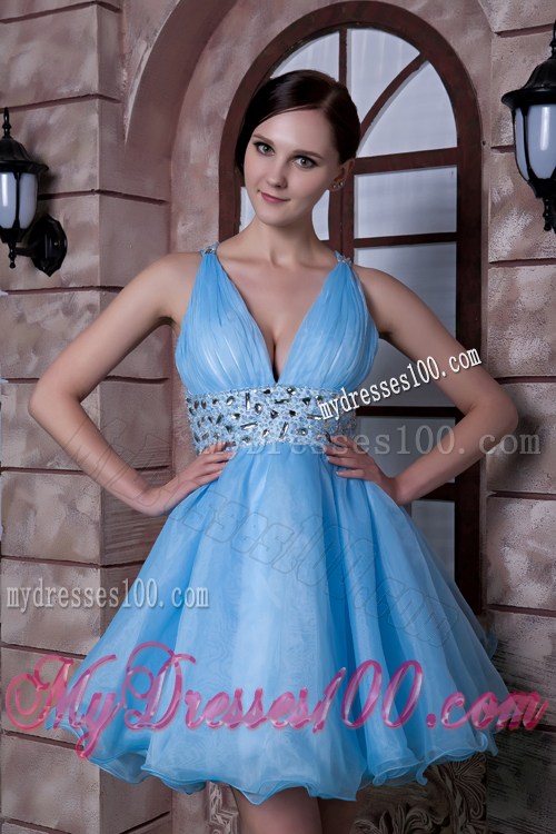 V-neck Beaded Criss-cross Back Prom Dress of Mini Blue Organza
