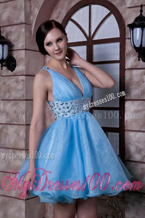 V-neck Beaded Criss-cross Back Prom Dress of Mini Blue Organza