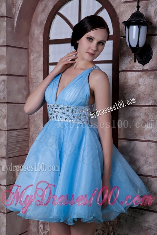 V-neck Beaded Criss-cross Back Prom Dress of Mini Blue Organza