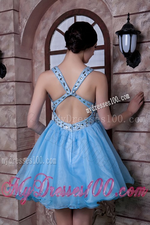 V-neck Beaded Criss-cross Back Prom Dress of Mini Blue Organza