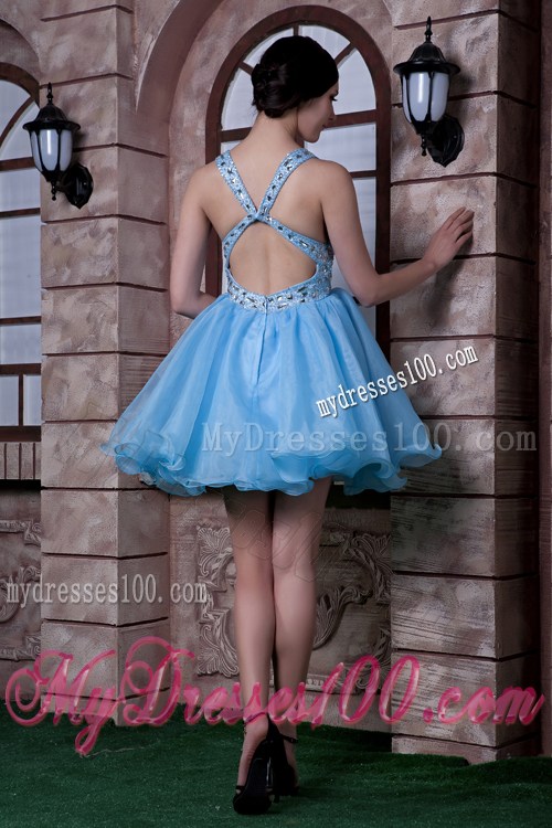 V-neck Beaded Criss-cross Back Prom Dress of Mini Blue Organza