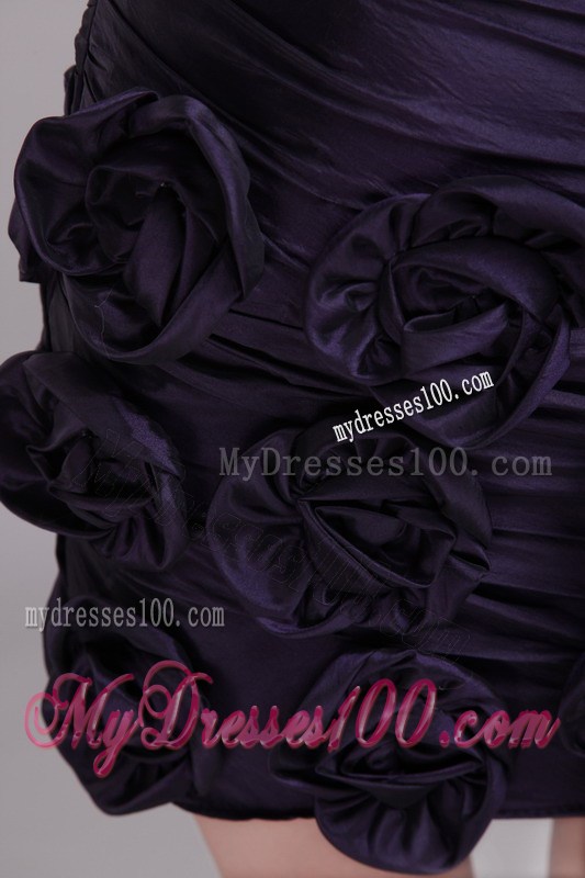 Mini-length Dark Purple Prom Dress with Ruches and Flowers