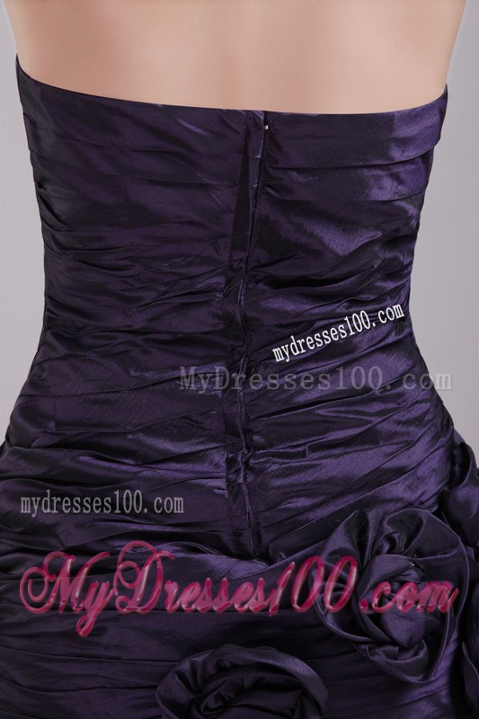 Mini-length Dark Purple Prom Dress with Ruches and Flowers