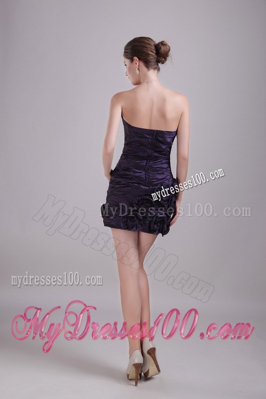 Mini-length Dark Purple Prom Dress with Ruches and Flowers