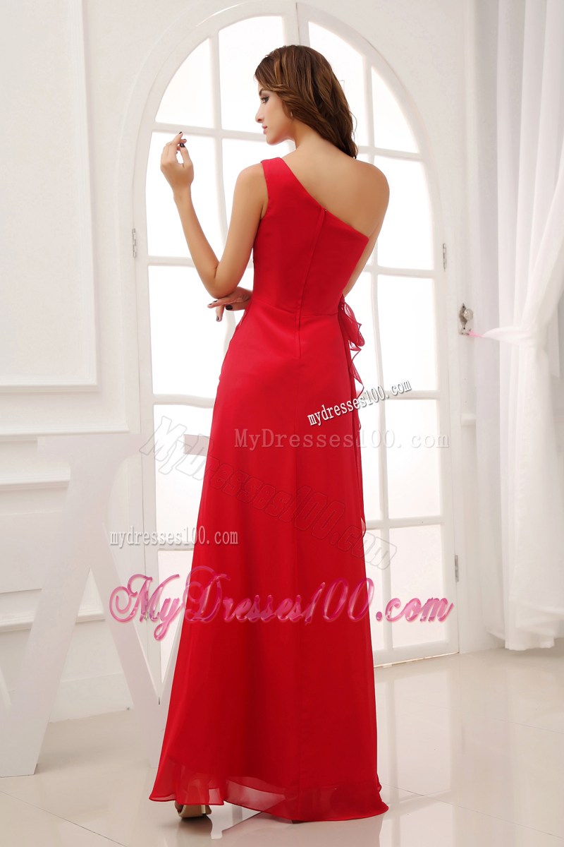 Ruffles Decorate Waist Red Column Prom Dress of One Shoulder