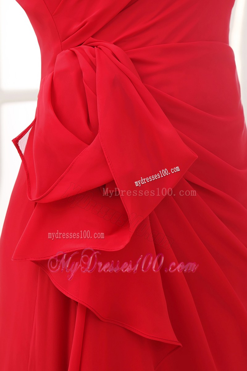 Ruffles Decorate Waist Red Column Prom Dress of One Shoulder