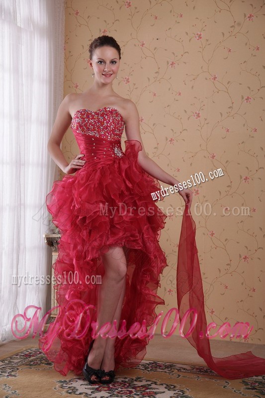 Red Rhinestones Decorated High-Low Prom Gown with Ruffled Layers
