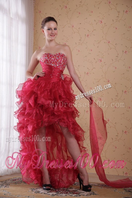 Red Rhinestones Decorated High-Low Prom Gown with Ruffled Layers