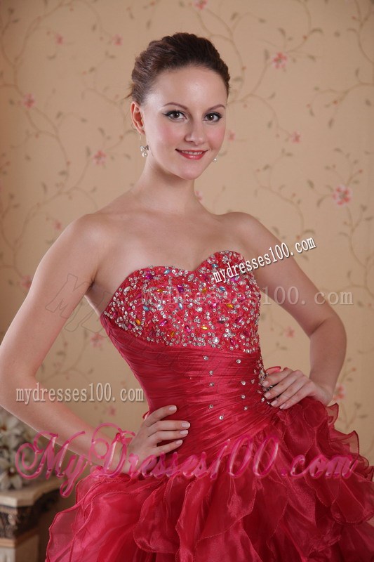 Red Rhinestones Decorated High-Low Prom Gown with Ruffled Layers