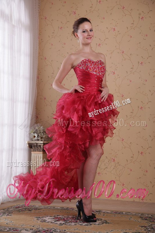 Red Rhinestones Decorated High-Low Prom Gown with Ruffled Layers