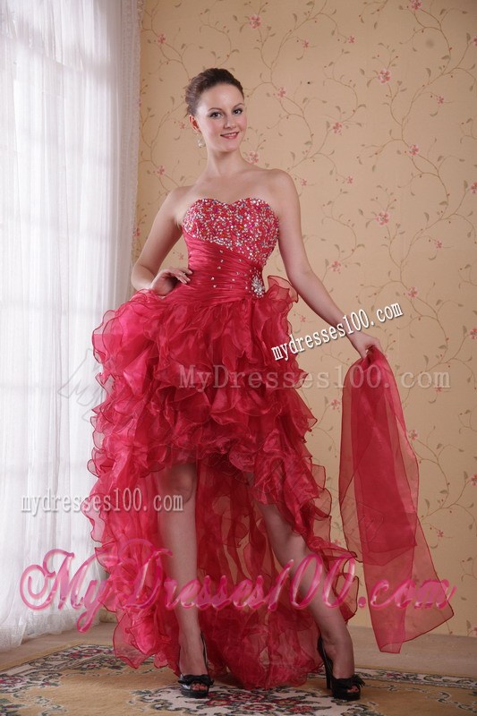 Red Rhinestones Decorated High-Low Prom Gown with Ruffled Layers