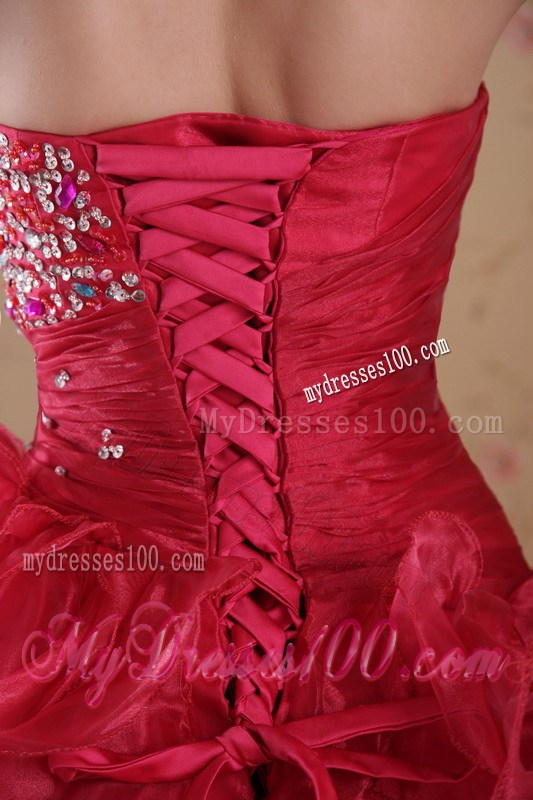 Red Rhinestones Decorated High-Low Prom Gown with Ruffled Layers