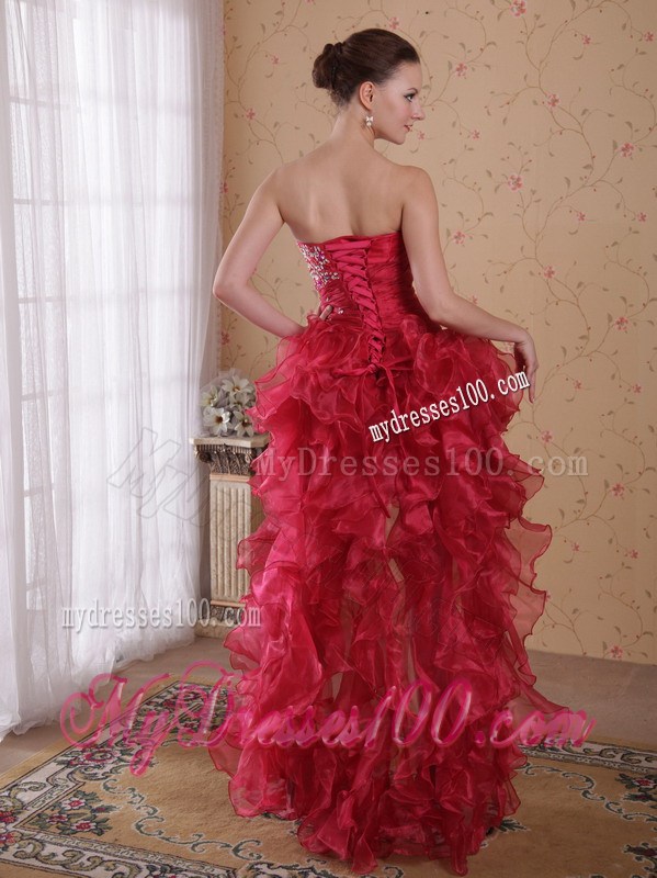Red Rhinestones Decorated High-Low Prom Gown with Ruffled Layers