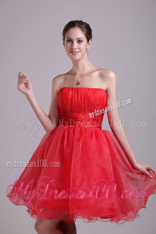 Beaded and Ruched Red Organza Dresses for Prom of Mini-length