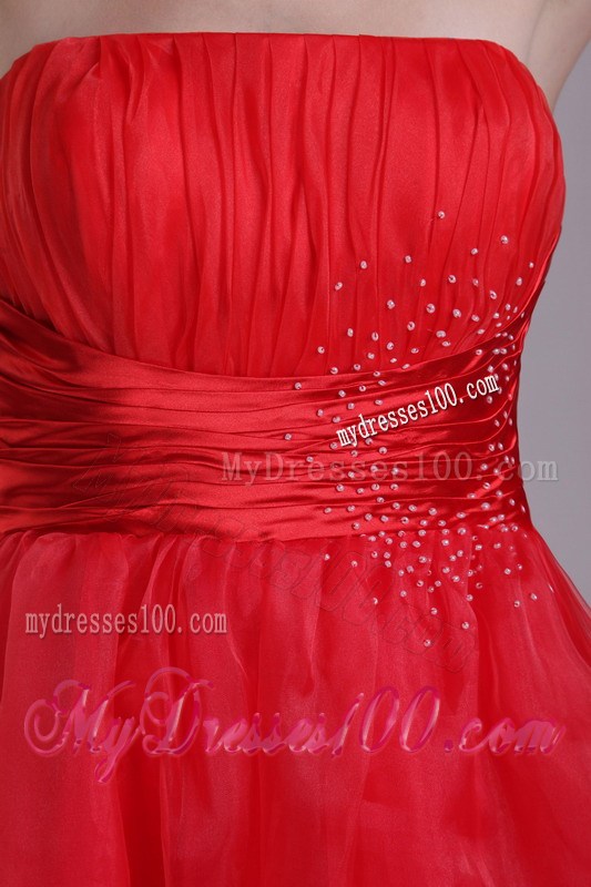 Beaded and Ruched Red Organza Dresses for Prom of Mini-length