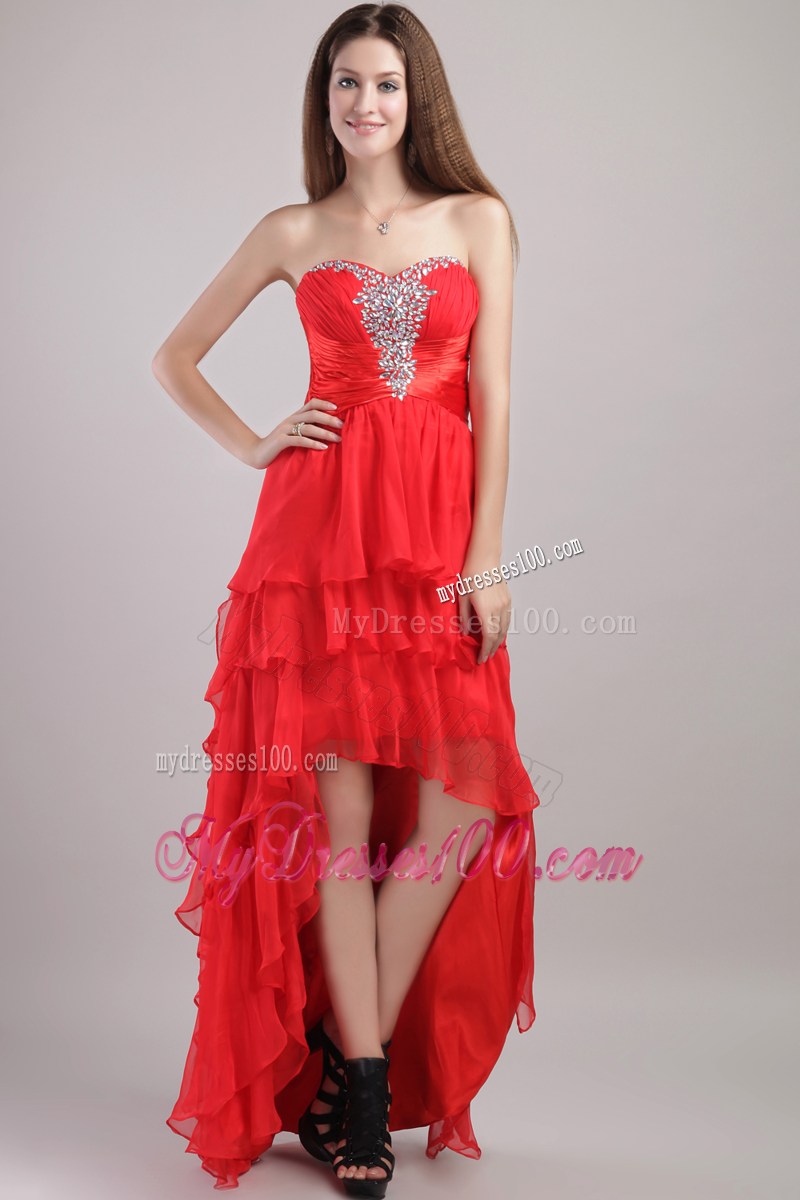 Red High-low Dresses for Prom with Beading and Ruffled Layers
