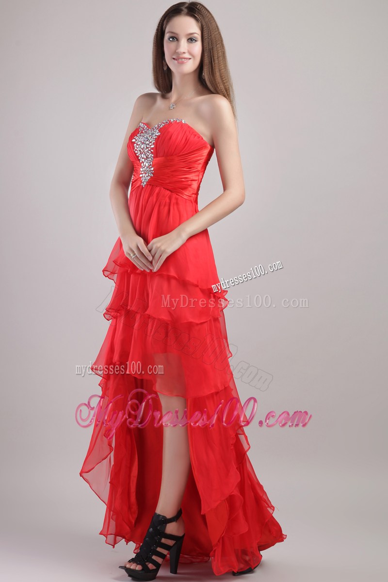 Red High-low Dresses for Prom with Beading and Ruffled Layers