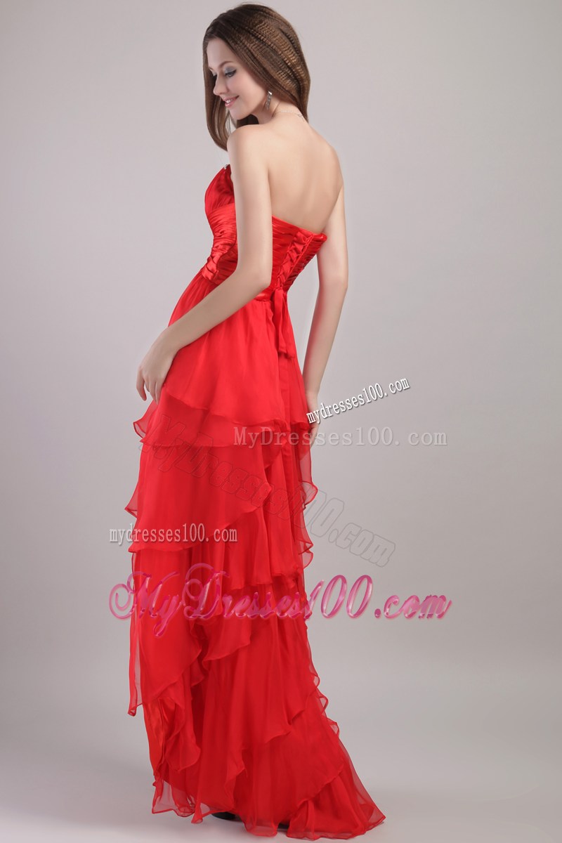 Red High-low Dresses for Prom with Beading and Ruffled Layers