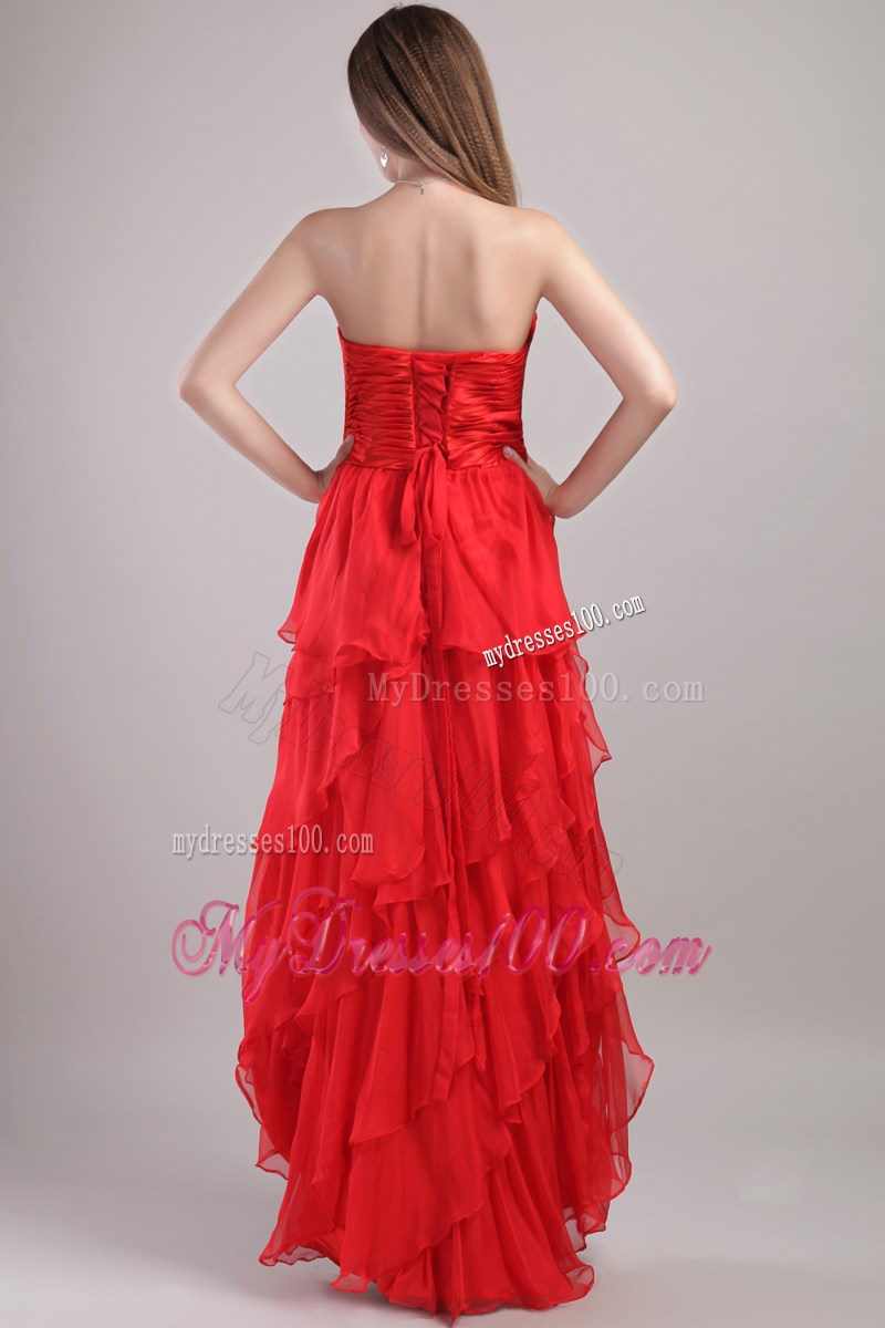 Red High-low Dresses for Prom with Beading and Ruffled Layers