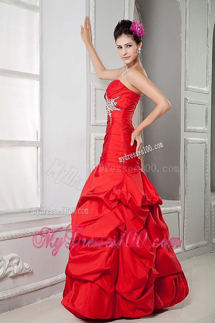 Pick-ups and Beading Decorate Red Long Prom Dress with Beading