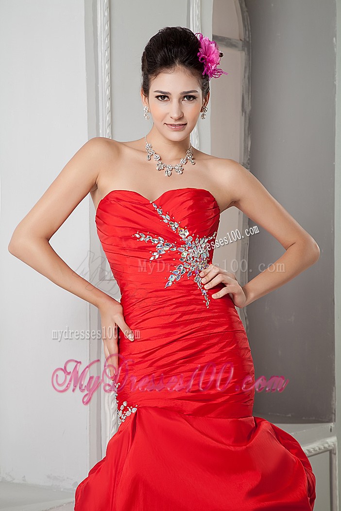 Pick-ups and Beading Decorate Red Long Prom Dress with Beading