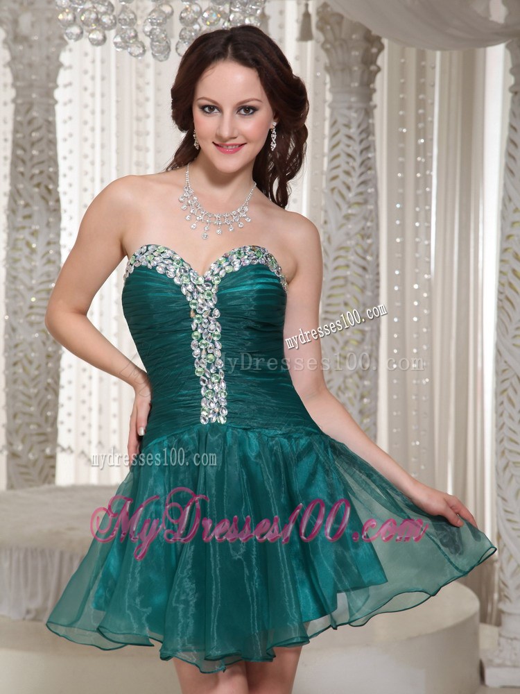Mini-length Organza Green Prom Homecoming Dress with Rhinestones