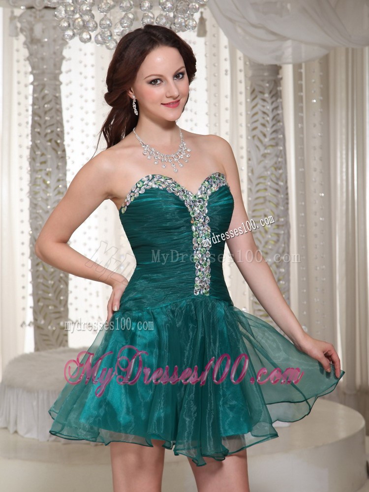 Mini-length Organza Green Prom Homecoming Dress with Rhinestones