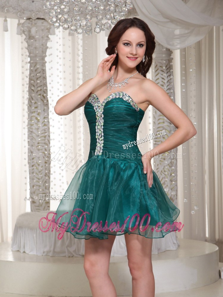 Mini-length Organza Green Prom Homecoming Dress with Rhinestones