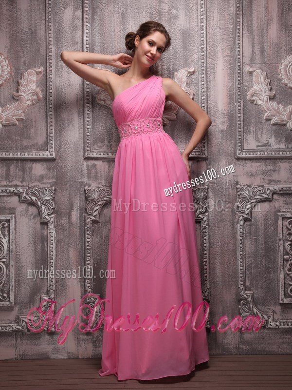 Floor-length Empire One Shoulder Rose Pink Prom Party Dress with Beading