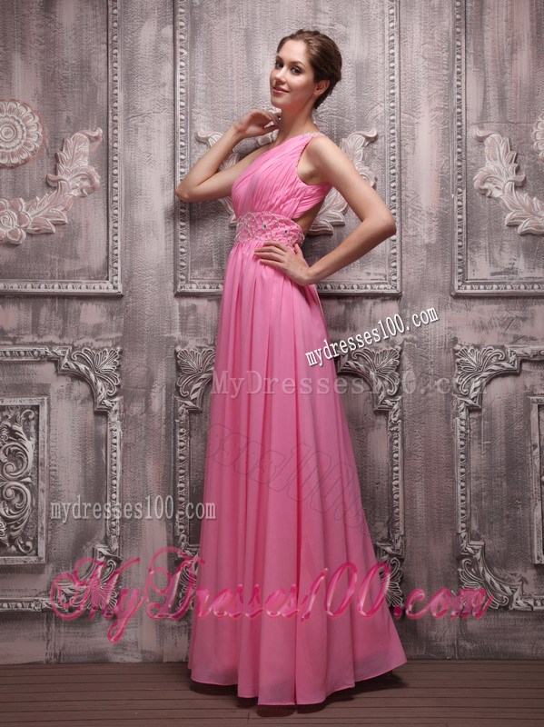 Floor-length Empire One Shoulder Rose Pink Prom Party Dress with Beading