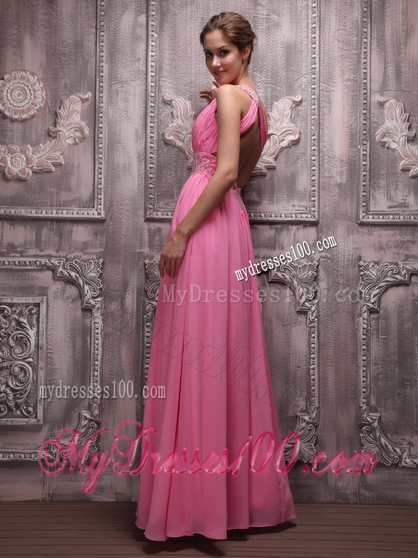 Floor-length Empire One Shoulder Rose Pink Prom Party Dress with Beading