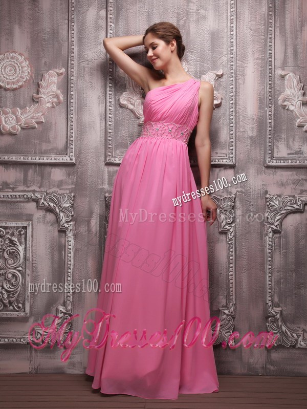 Floor-length Empire One Shoulder Rose Pink Prom Party Dress with Beading