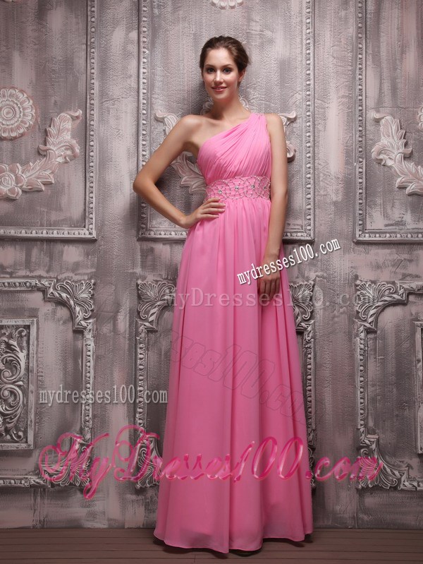 Floor-length Empire One Shoulder Rose Pink Prom Party Dress with Beading