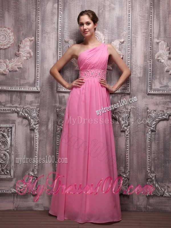 Floor-length Empire One Shoulder Rose Pink Prom Party Dress with Beading