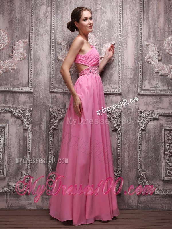 Floor-length Empire One Shoulder Rose Pink Prom Party Dress with Beading