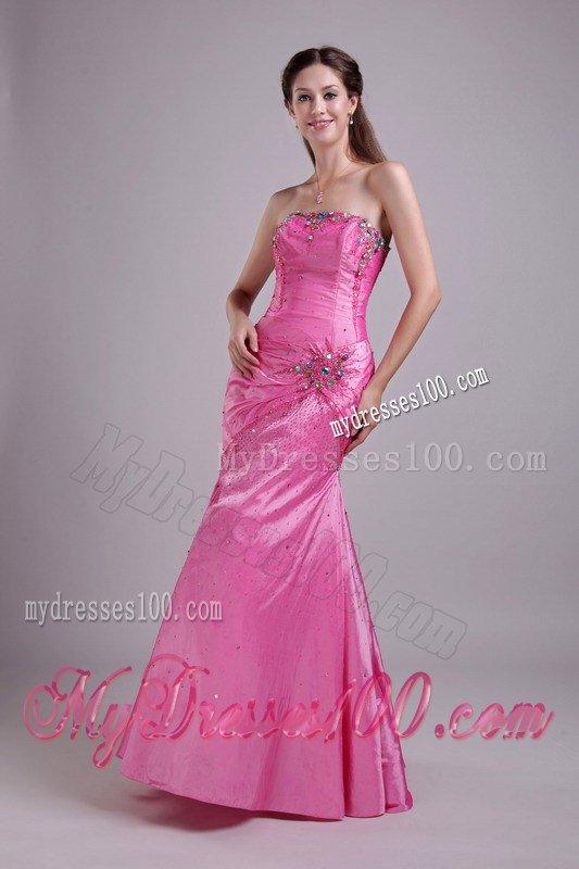 Beading and Ruches Decorate Floor-length Prom Dresses in Rose Pink
