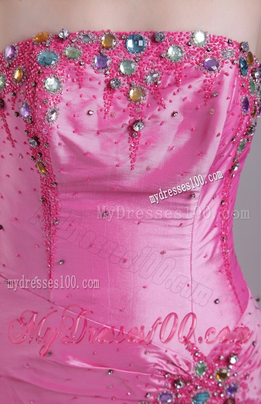 Beading and Ruches Decorate Floor-length Prom Dresses in Rose Pink