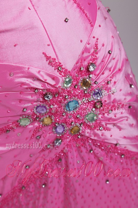 Beading and Ruches Decorate Floor-length Prom Dresses in Rose Pink