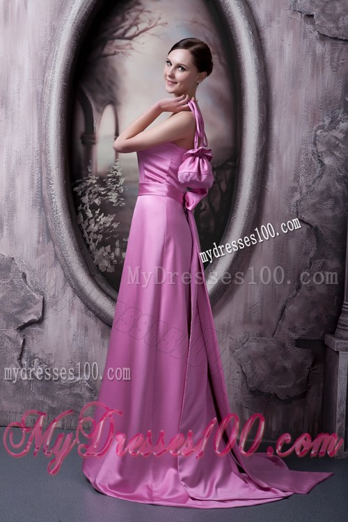 Rose Pink A-line Satin Prom Dresses with Brush Train in Vogue