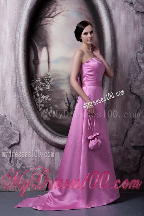 Rose Pink A-line Satin Prom Dresses with Brush Train in Vogue
