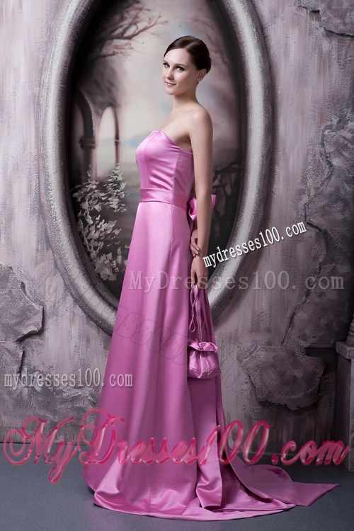 Rose Pink A-line Satin Prom Dresses with Brush Train in Vogue