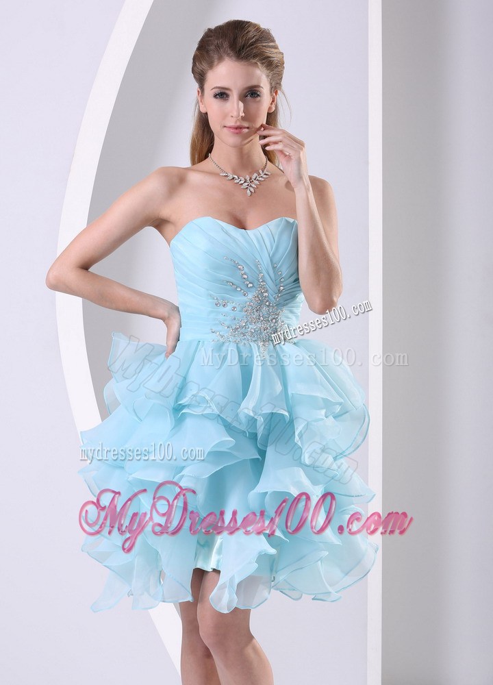 Beading and Ruches Accent Mini Aqua Blue Prom Dress with Layers
