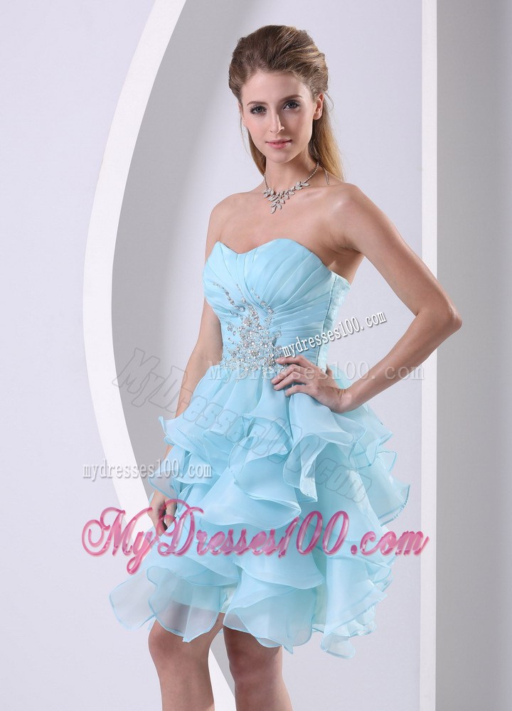 Beading and Ruches Accent Mini Aqua Blue Prom Dress with Layers